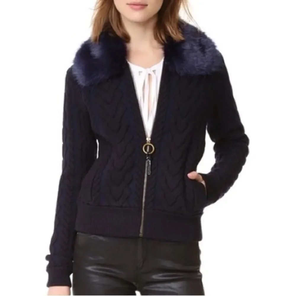 TORY BURCH Contraire Merino Wool Cable Knit Faux Fur Sweater Bomber Jacket XL